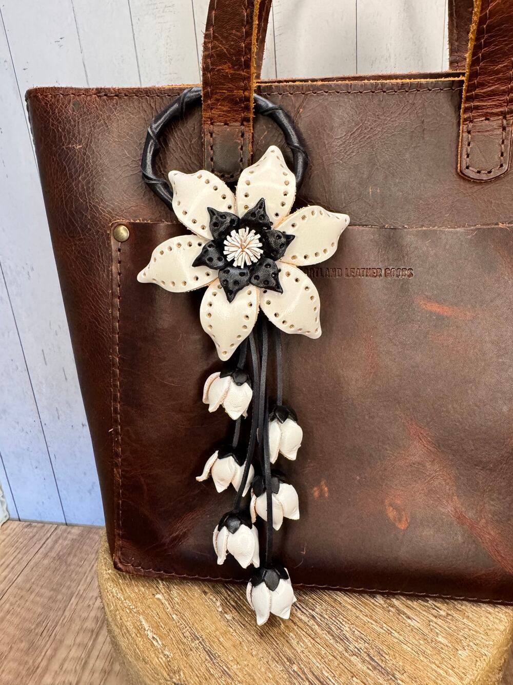 White Black Leather Purse Charm Genuine Leather Neutral Flower Bag Charm Flowers